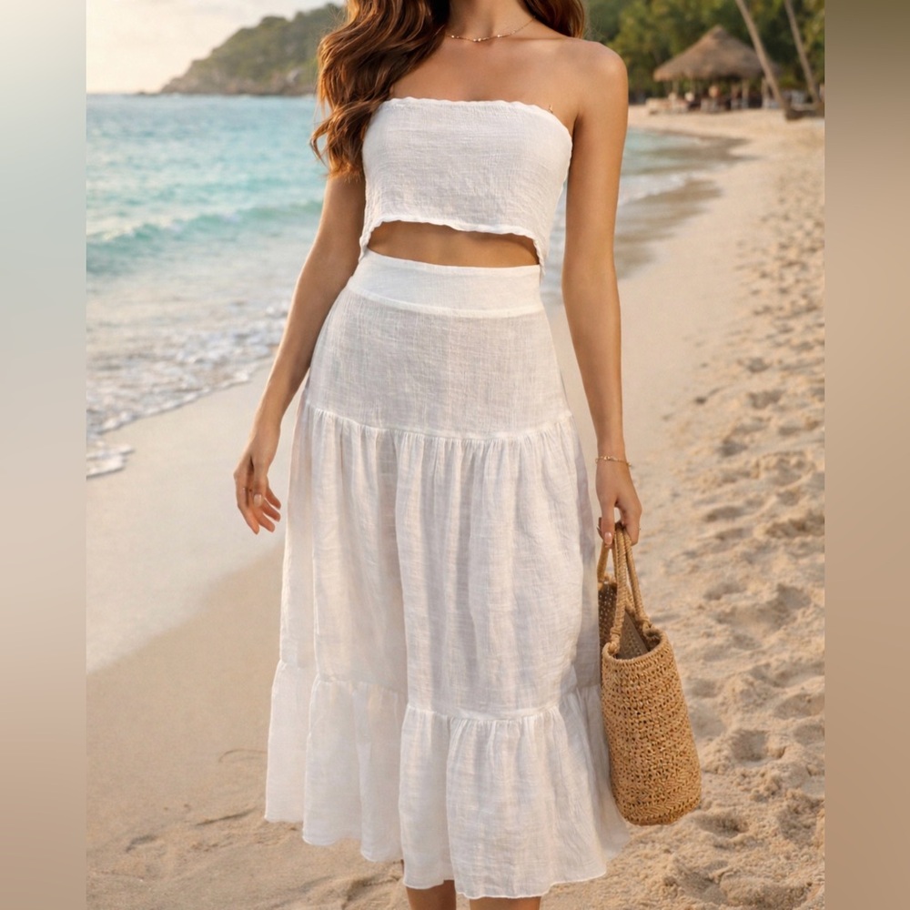 White Strapless Swim Cover Up Set | Beach Resort Boho Skirt | Medium